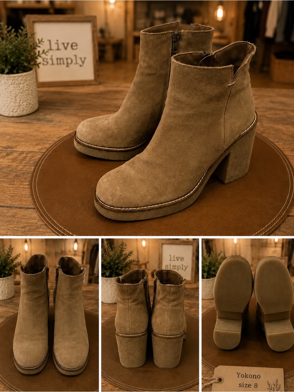 Yokono Tan Suede Block Heel with Zipper Ankle Boots - Women's Size 8